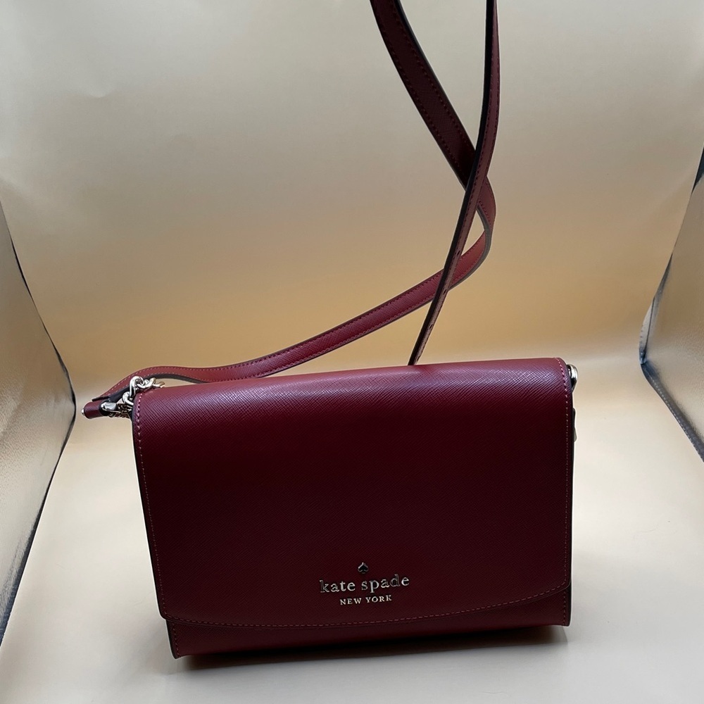 Kate Spade Deep Red Crossbody Bag Gold Chain Detail with Matching Card Holder
